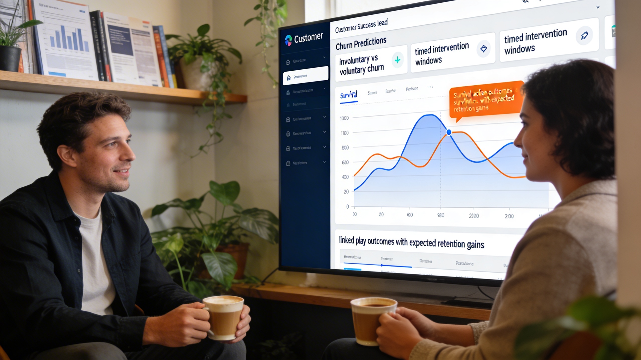 Customer success leads reviewing churn prediction dashboards and timing interventions to improve retention, reflecting marketing automation practices