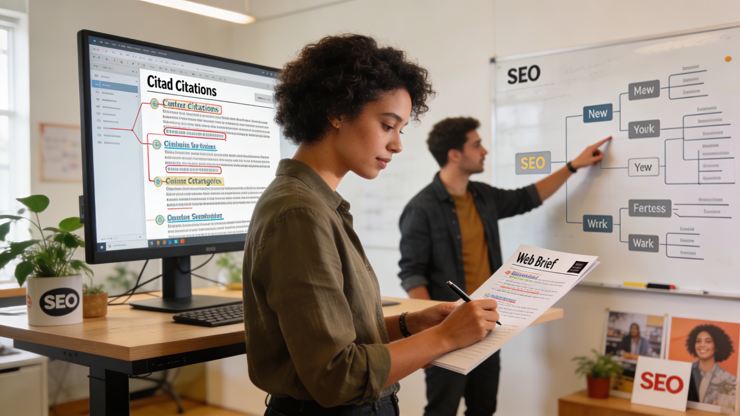Content strategist drafting briefs with embedded citations and a visible sitemap, highlighting SEO optimization and content marketing workflows