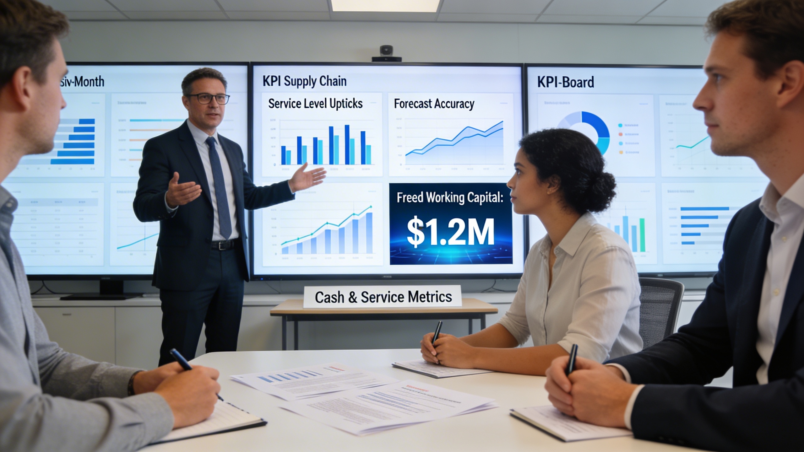 Executive presenting KPI improvements and freed working capital, highlighting content marketing of measurable business results and SEO optimization of metrics