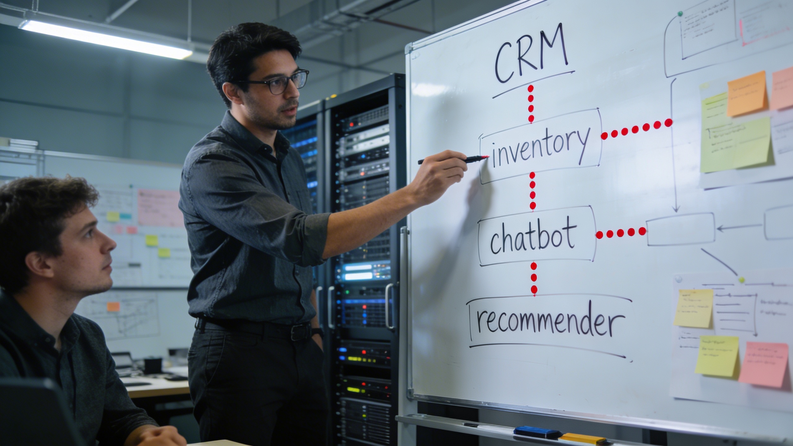 Engineer mapping disconnected APIs between CRM and recommendation engine to stop lead leakage and improve marketing automation