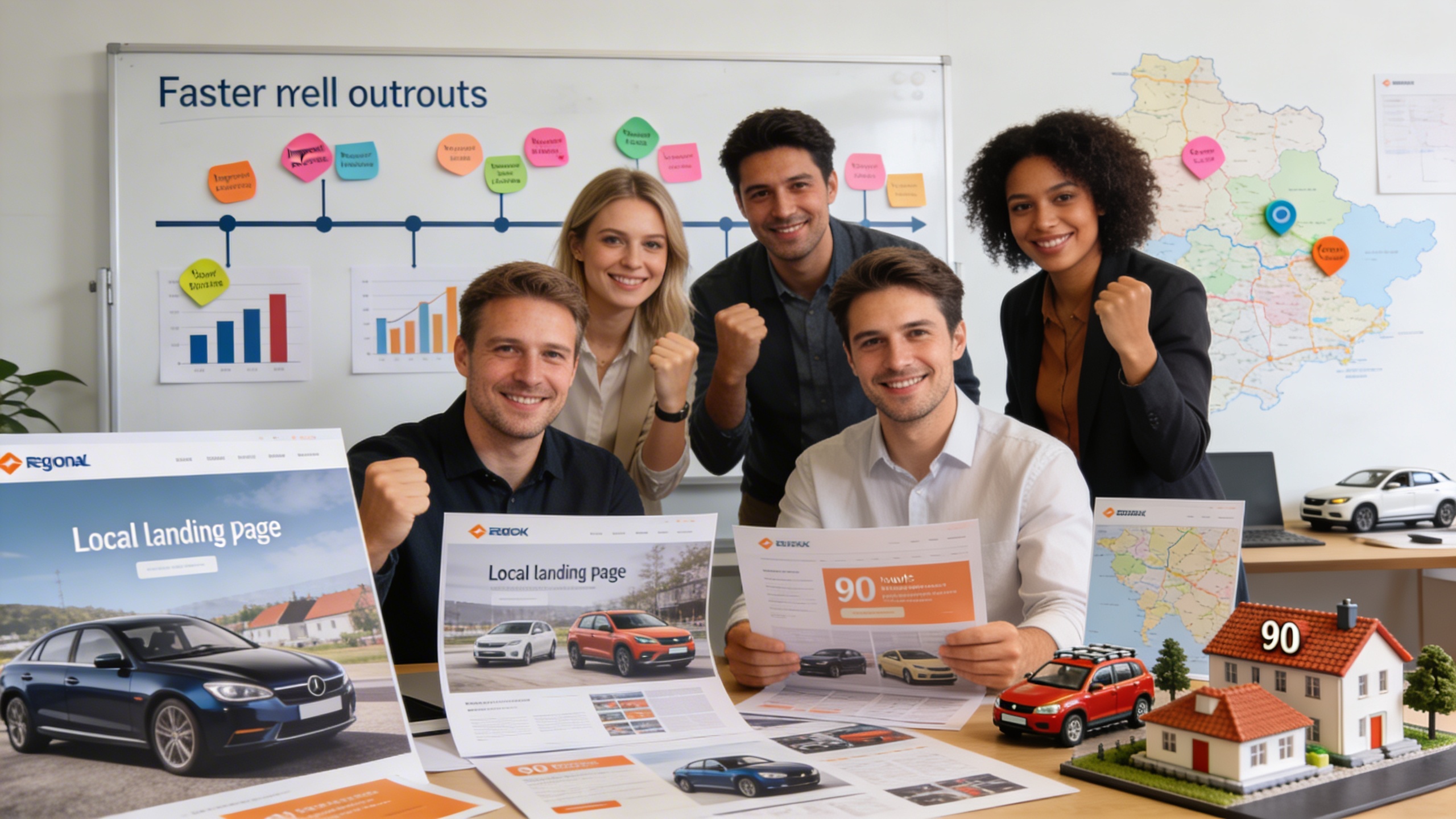 Dealership marketing team reviewing localized model pages and revenue improvements, showing content strategy applied to a multi-brand auto group