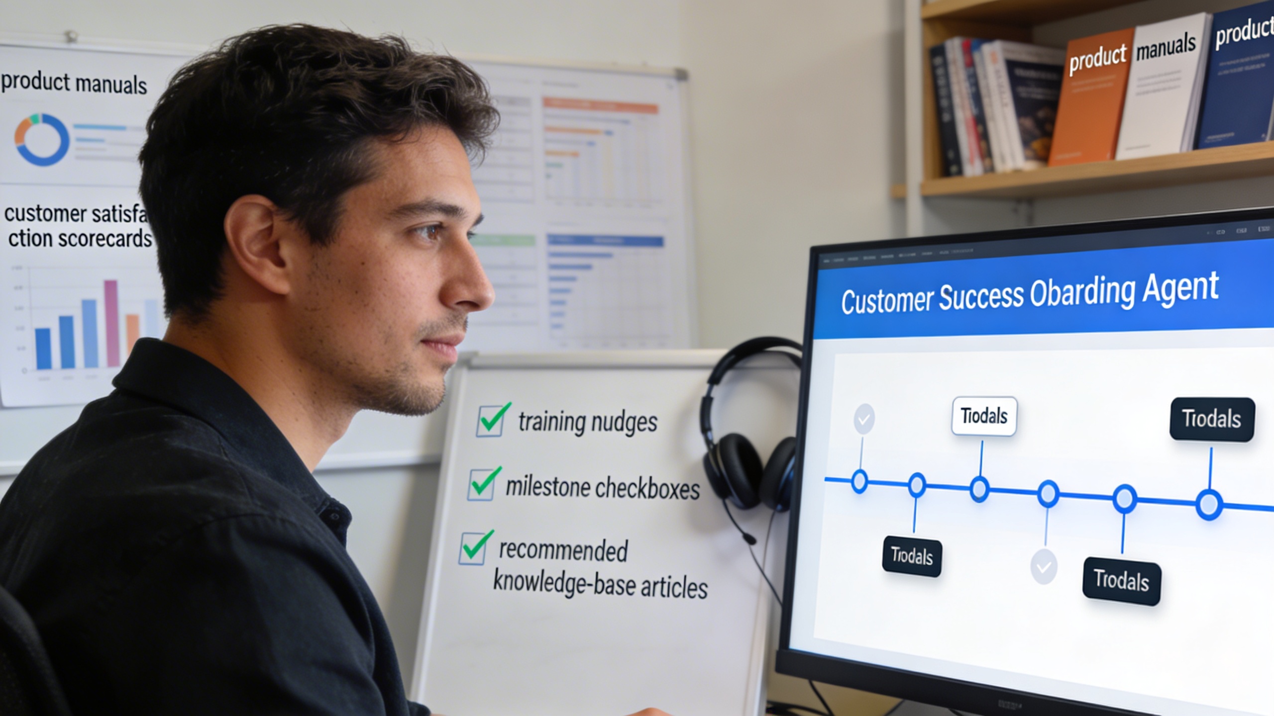 Customer success manager reviewing an AI-generated onboarding timeline and knowledge-base recommendations to protect expansion revenue