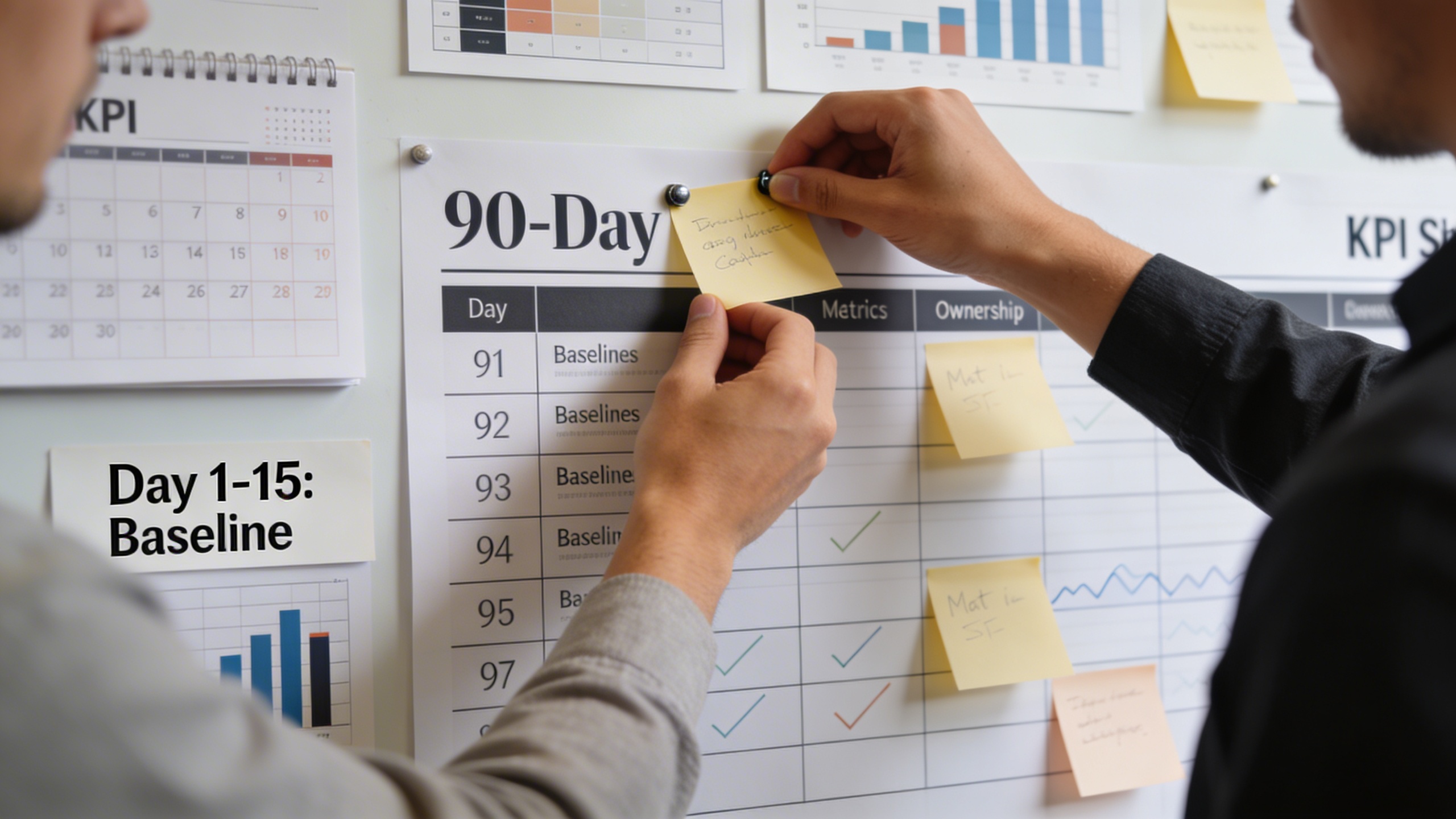 Project manager and team building a 90-day roadmap with milestones and economic metrics, illustrating a pragmatic operating model for blog automation and digital marketing automation