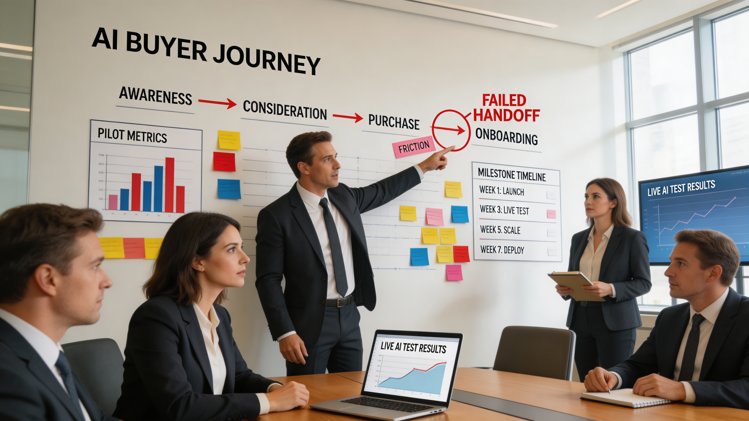Executive team reviewing AI commerce pilot results and journey maps in a strategy session focused on content strategy and social media marketing