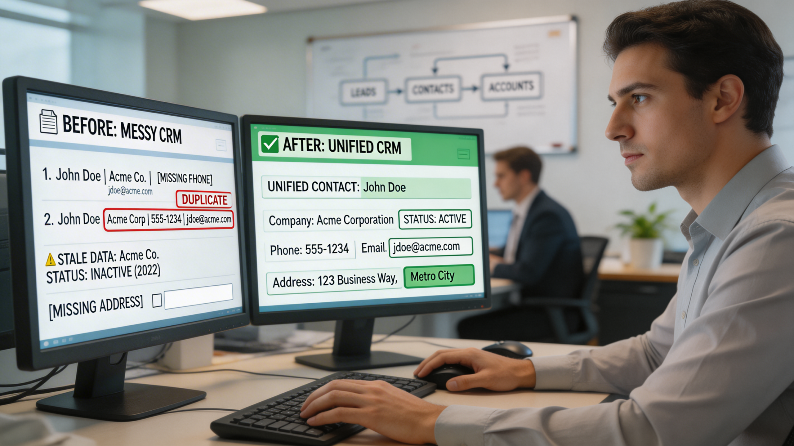 Revenue operations specialist cleaning CRM data and unifying records before automation, a strong visual for marketing automation and content marketing