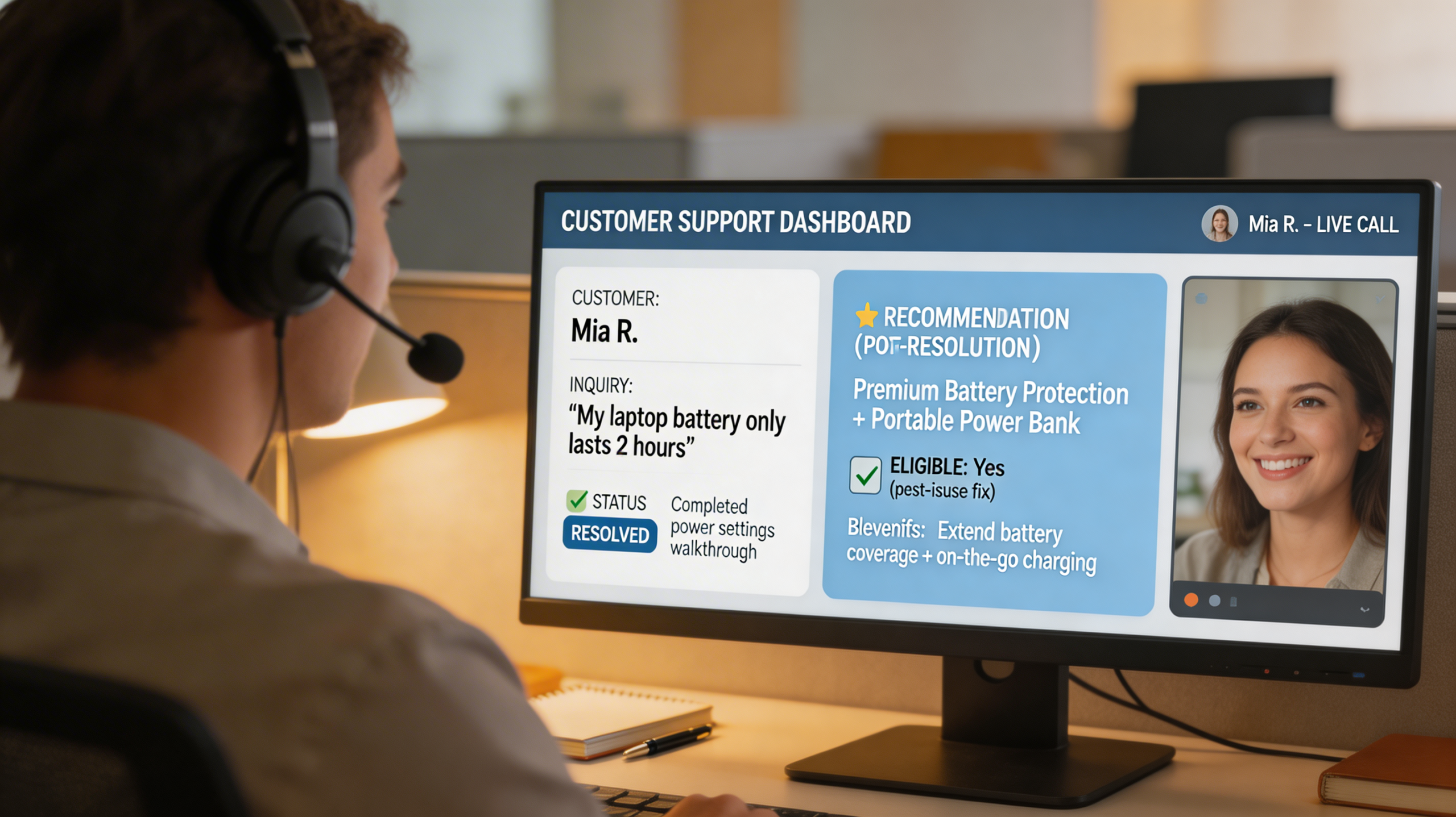 Service agent viewing a timely AI-powered upsell recommendation after solving a customer issue, showing marketing automation and content strategy in action