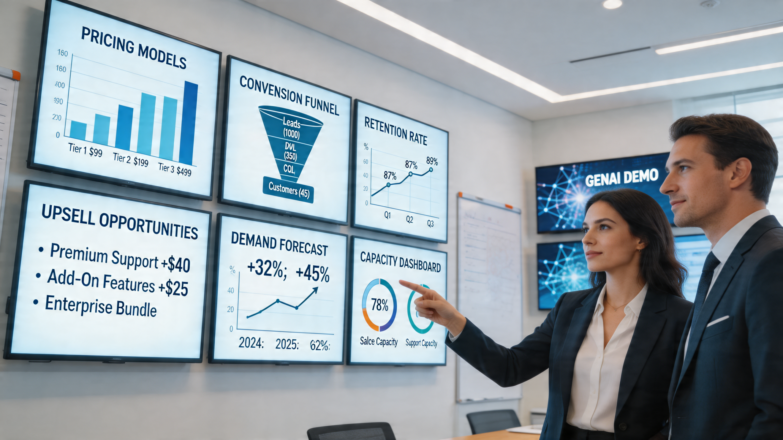 Revenue team prioritizing sales and conversion metrics over flashy AI demos, a realistic digital marketing automation and content strategy scene