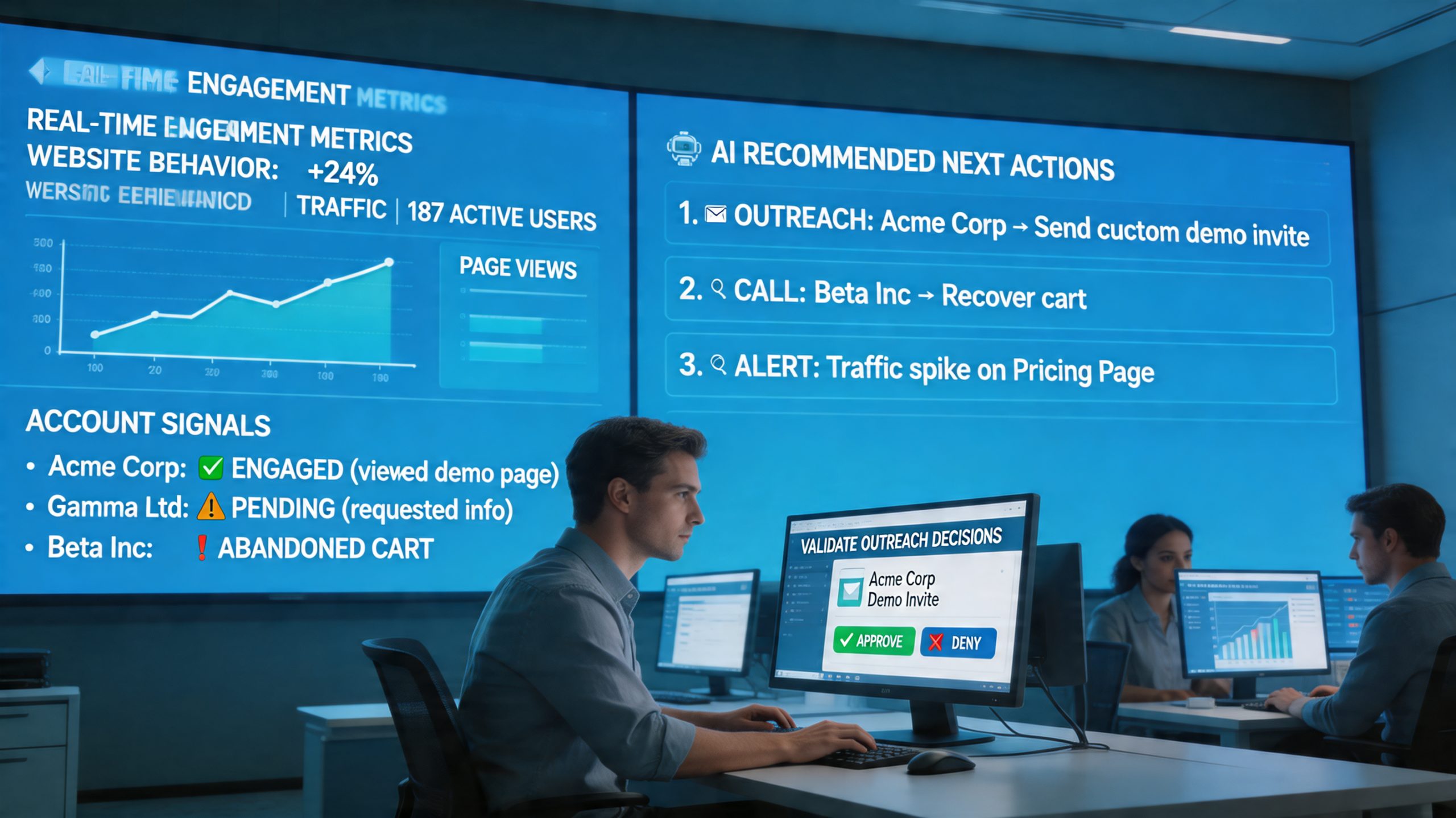 Revenue team monitoring an AI sales platform that adapts outreach in real time, highlighting marketing automation and content marketing workflows