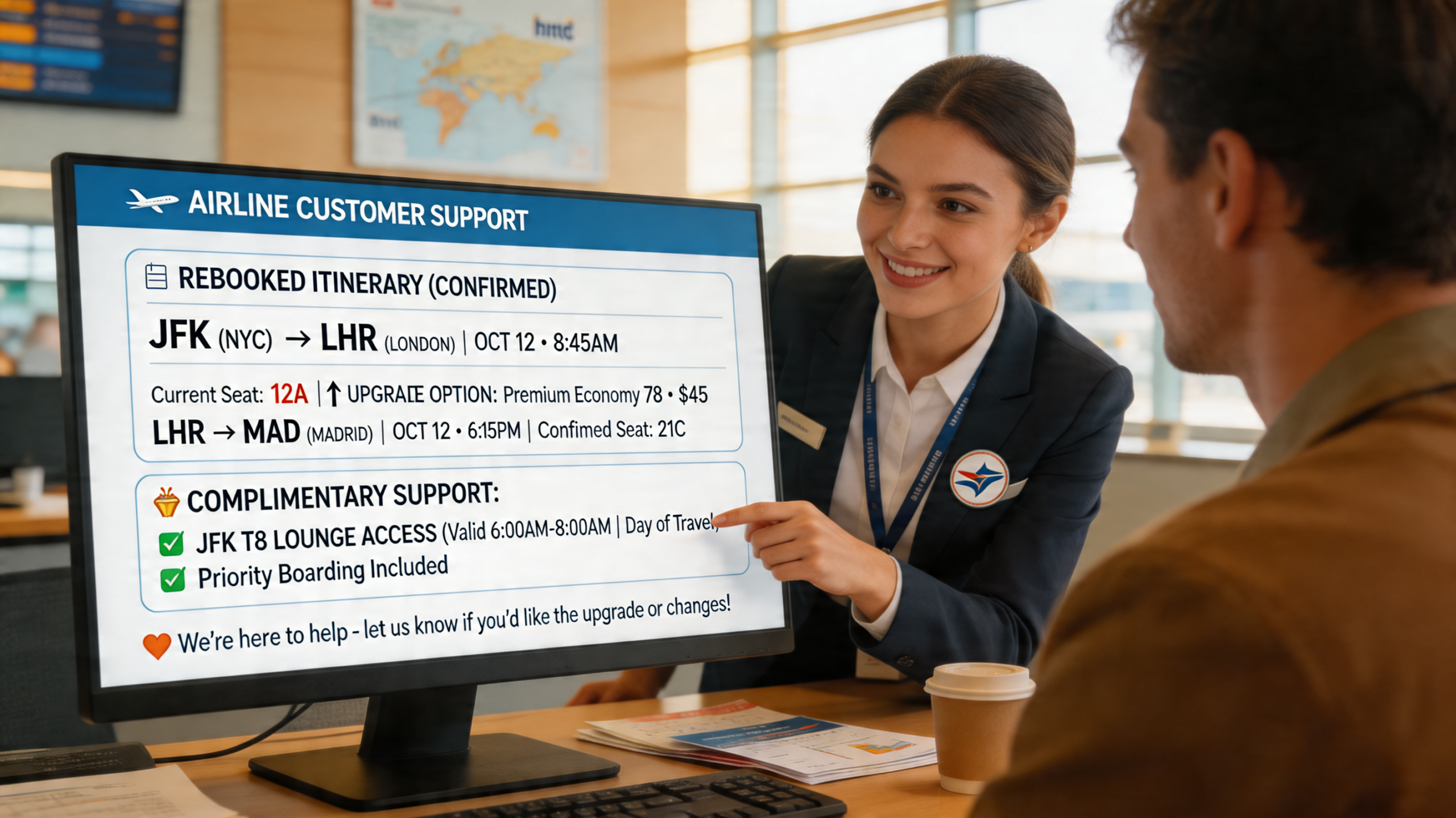 Travel support agent using AI to suggest a helpful upgrade during rebooking, a realistic example of digital marketing automation and content strategy