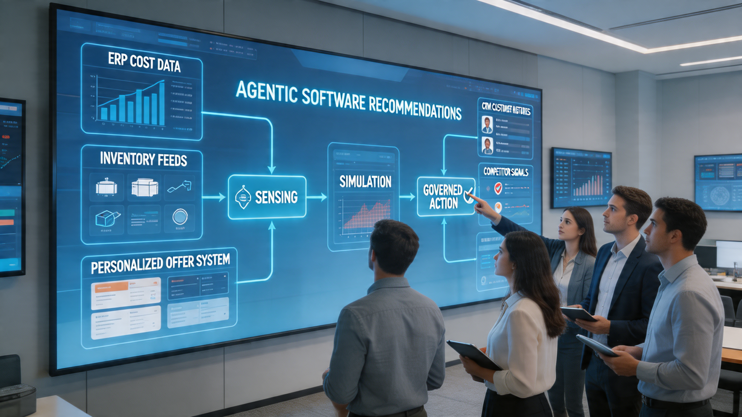 Corporate technology team connecting pricing tools with customer and inventory systems, showing marketing automation and content marketing workflows