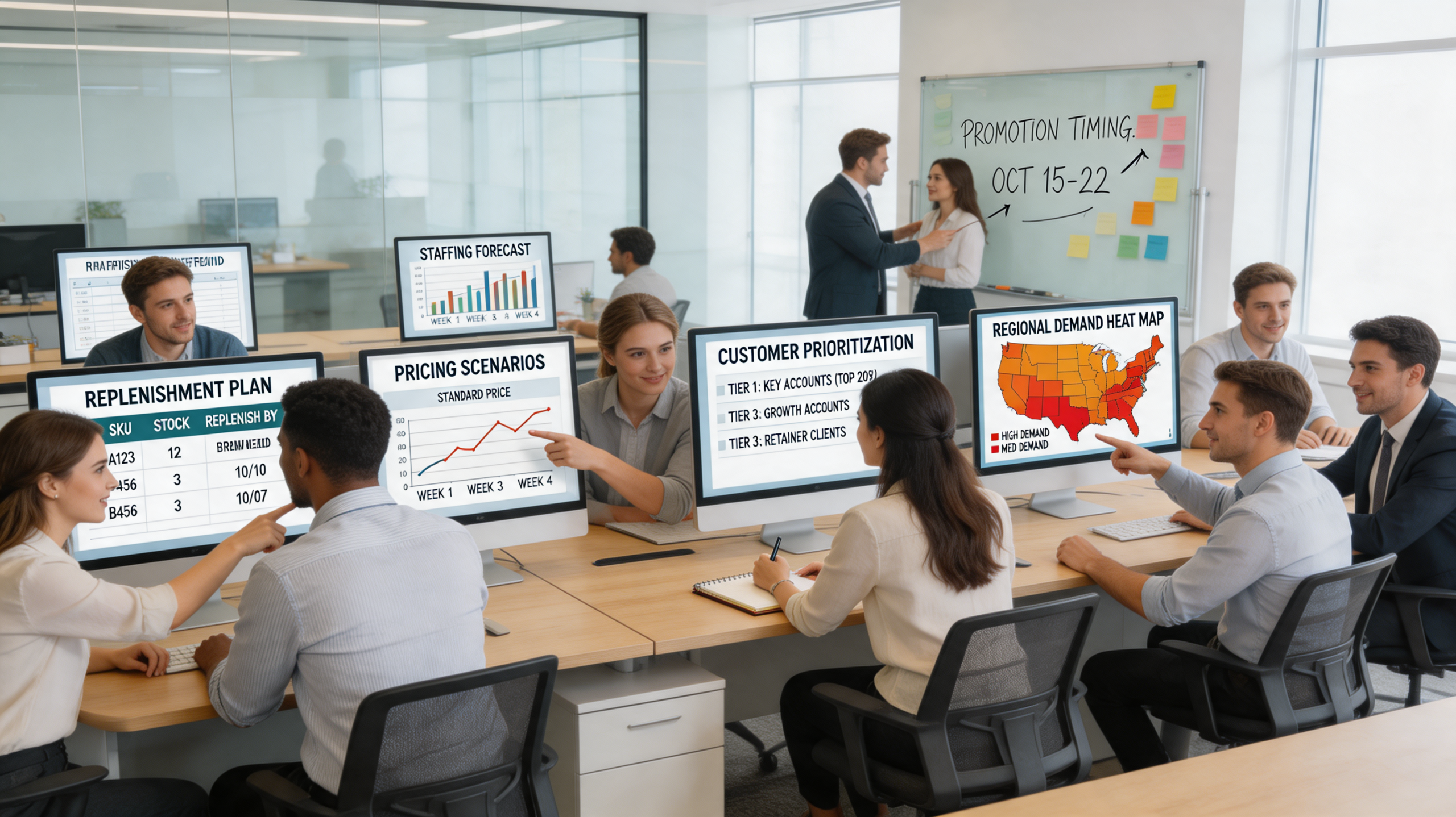 Cross-functional team using AI forecasting across sales, finance, and operations to drive growth, showing marketing automation and social media marketing workflows in a modern office
