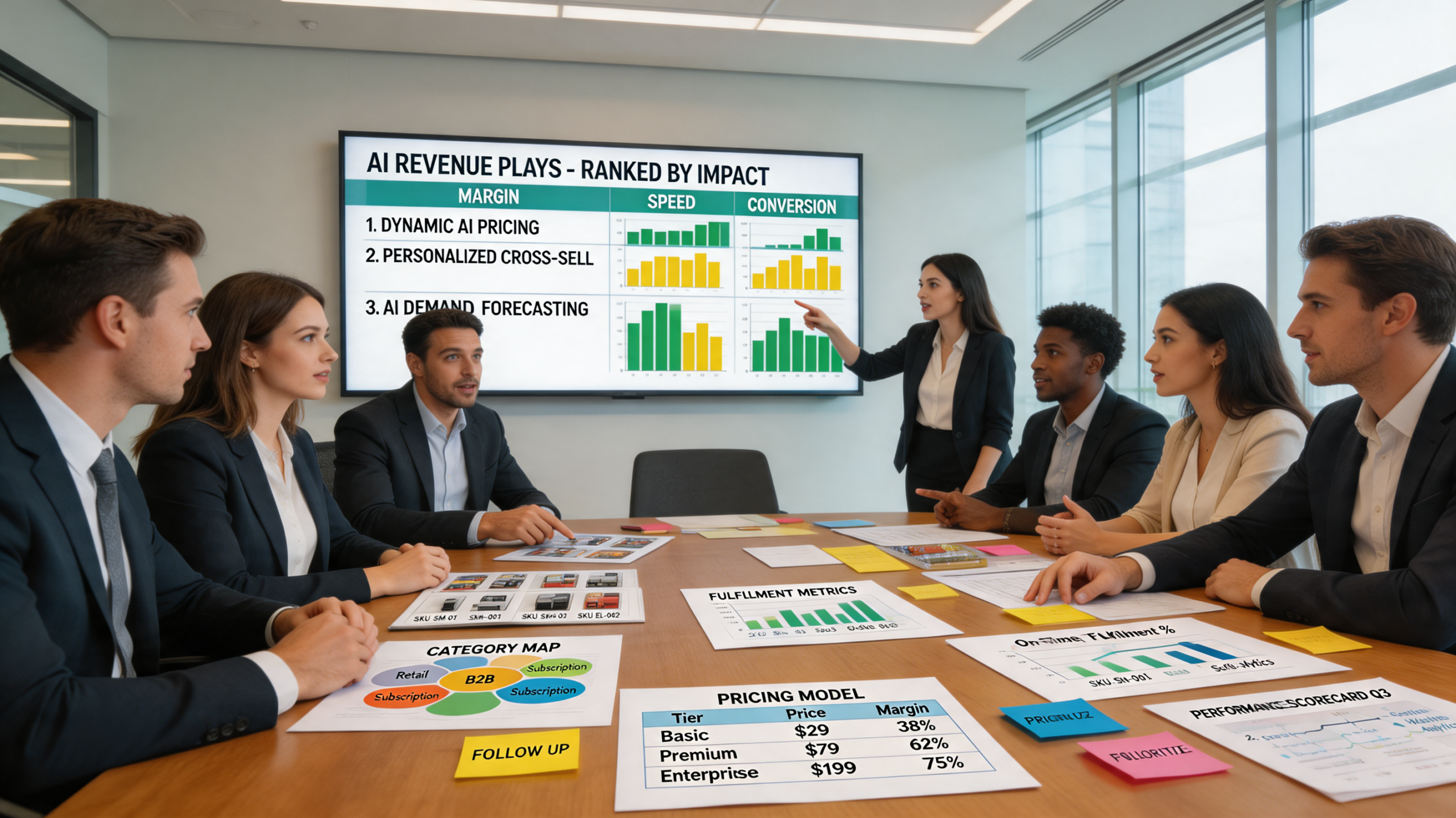 Business team prioritizing AI revenue opportunities with dashboards and product data, reflecting content strategy and marketing automation planning