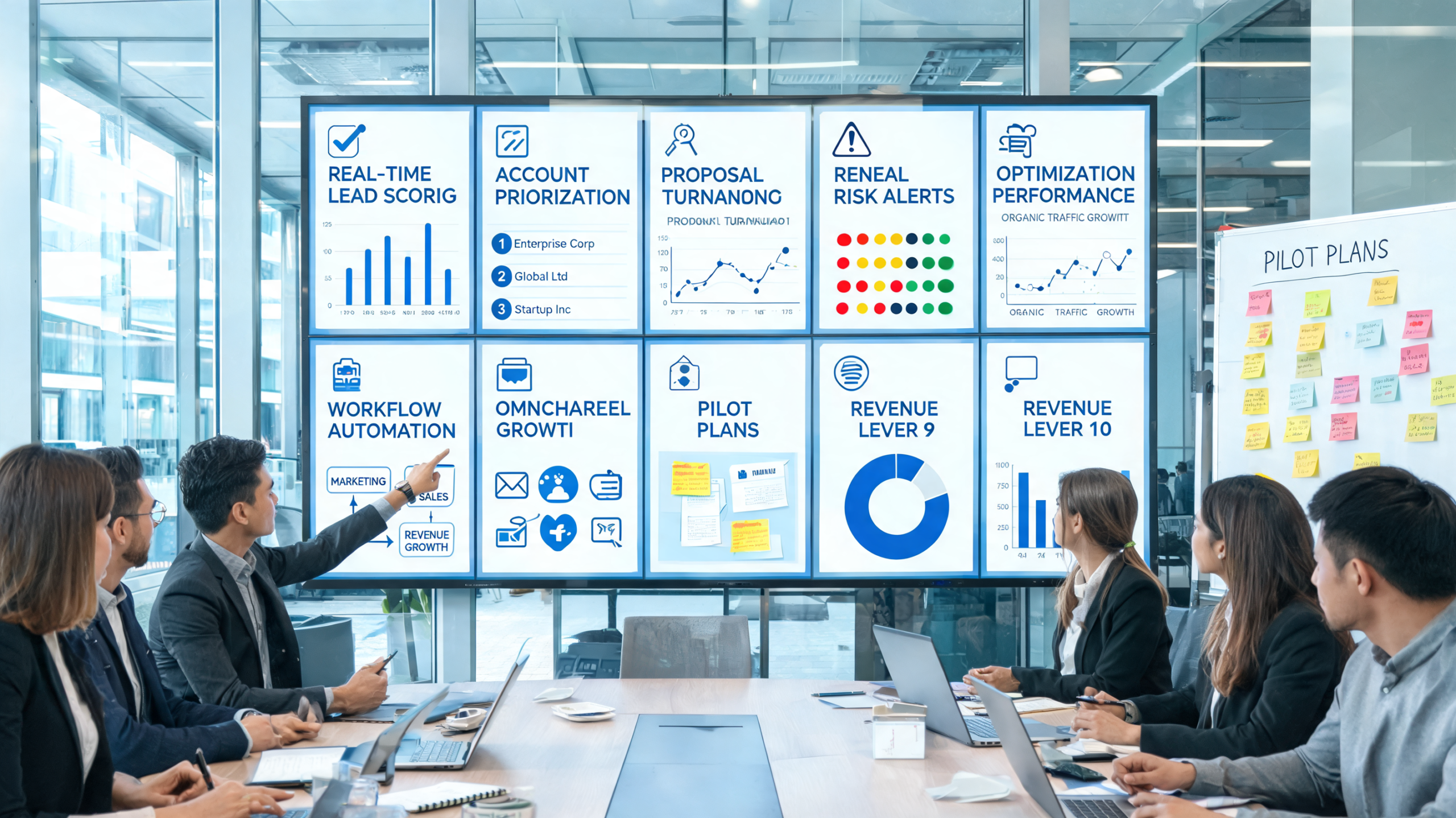 Team reviewing ten AI growth opportunities on a dashboard, including SEO optimization and marketing automation in a revenue planning meeting