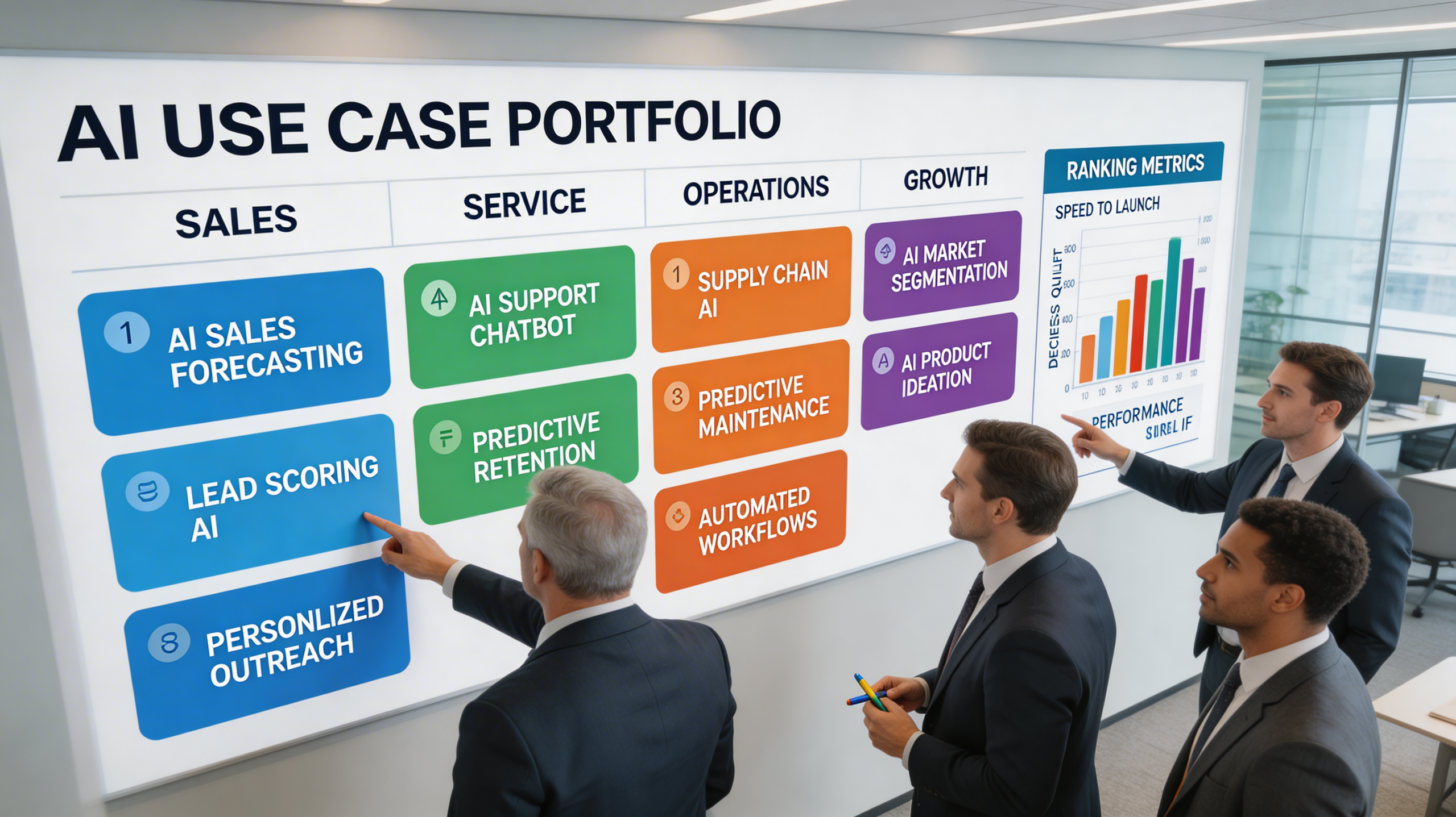 Executives prioritizing a portfolio of scalable AI revenue use cases, highlighting content strategy and marketing automation for business growth