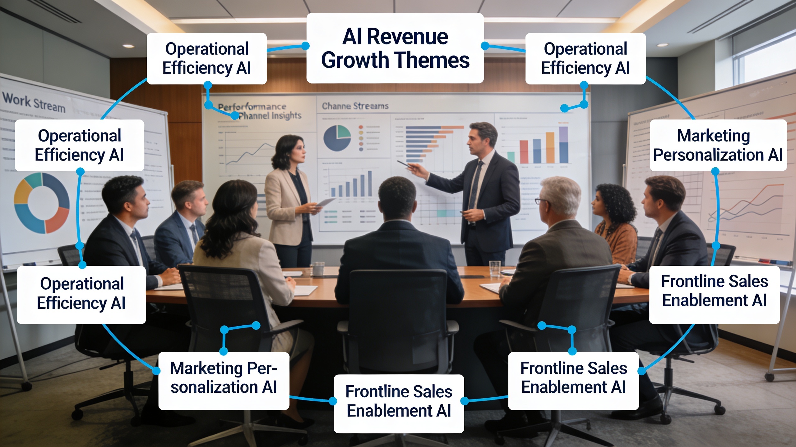Leadership team evaluating AI growth priorities across sales and marketing, with planning boards that reflect content marketing and social media marketing strategy