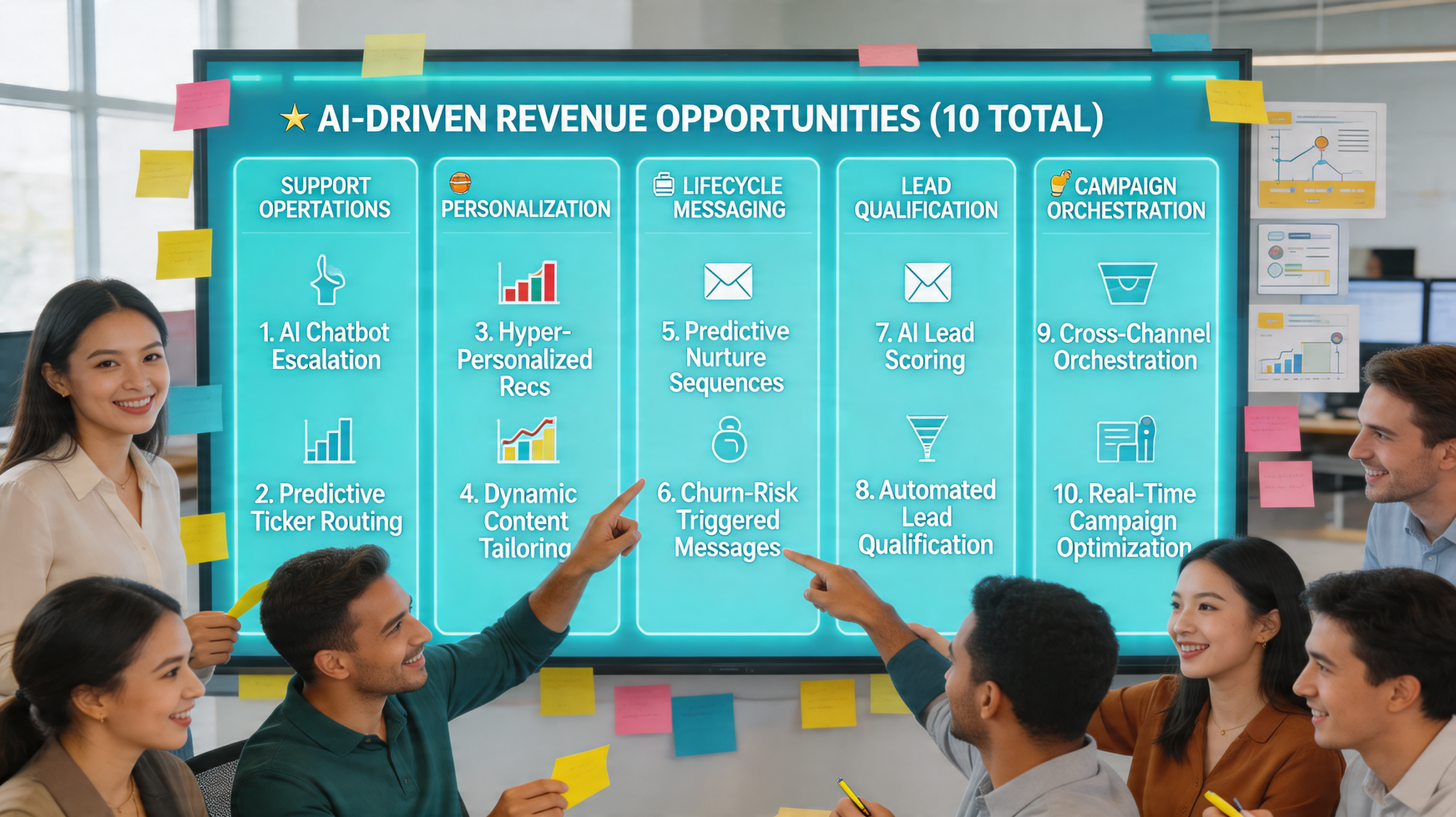 Team mapping AI revenue opportunities across service and marketing in a strategy room, highlighting social media marketing and marketing automation