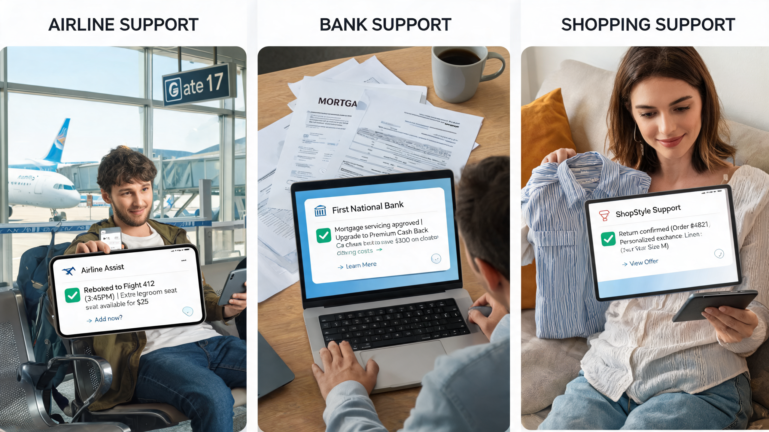 AI-assisted service interactions offering relevant upgrades during support moments, showing digital marketing automation in a natural customer experience
