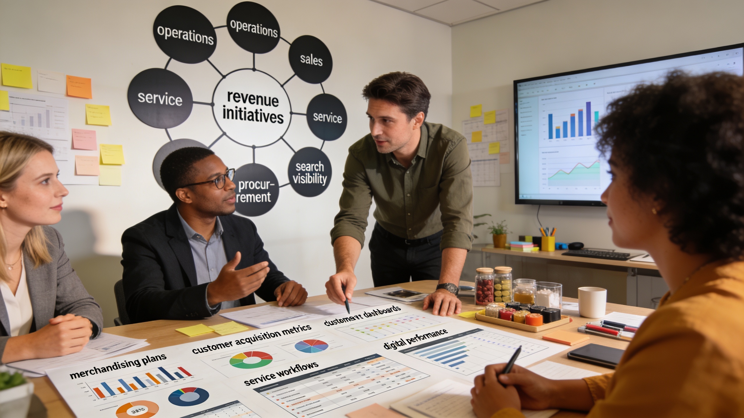 Business team planning revenue growth with dashboards and workflow maps, highlighting content marketing and marketing automation in a collaborative office