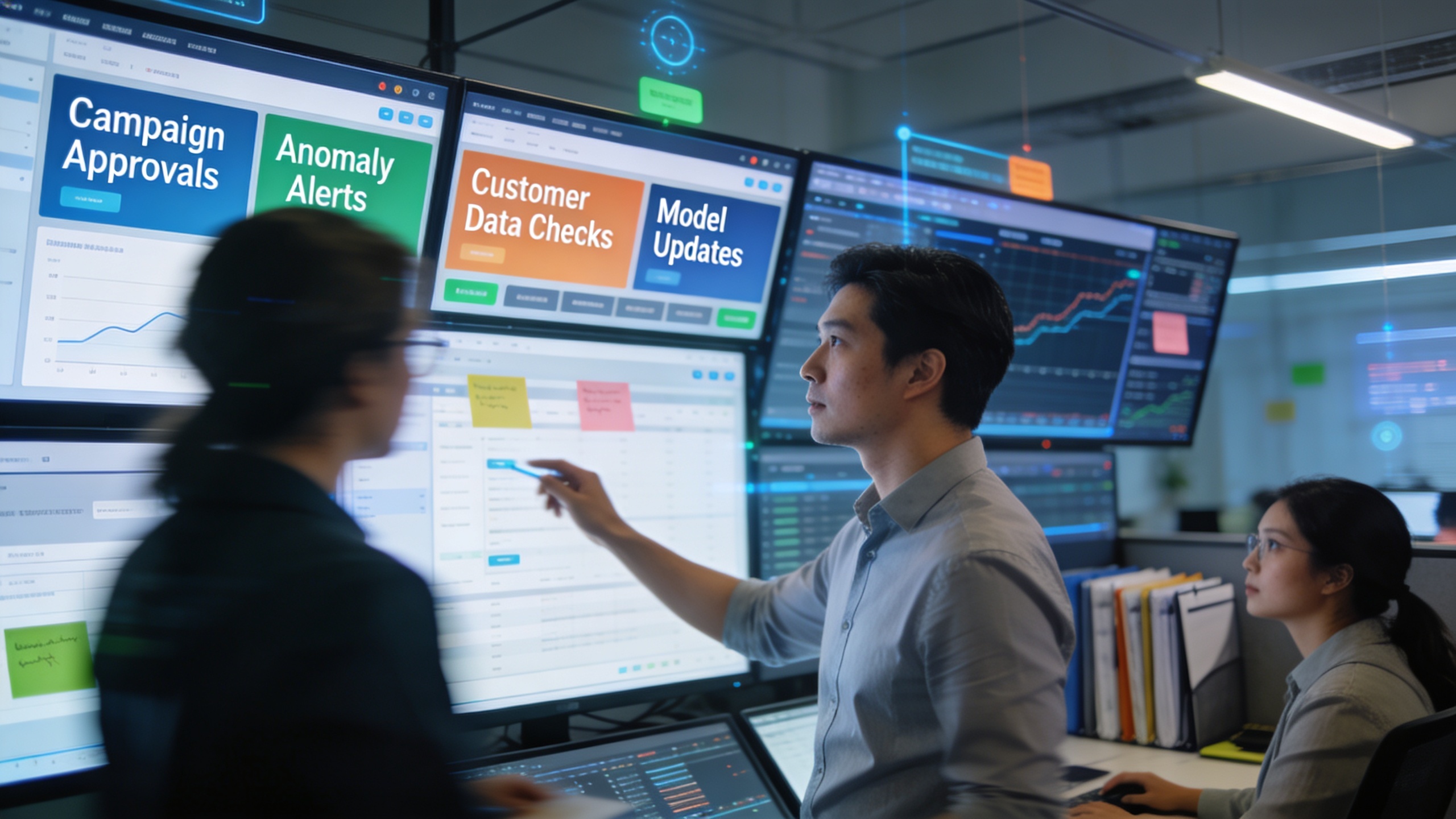 Marketing and operations team managing blog automation and marketing automation workflows with real-time AI guardrails