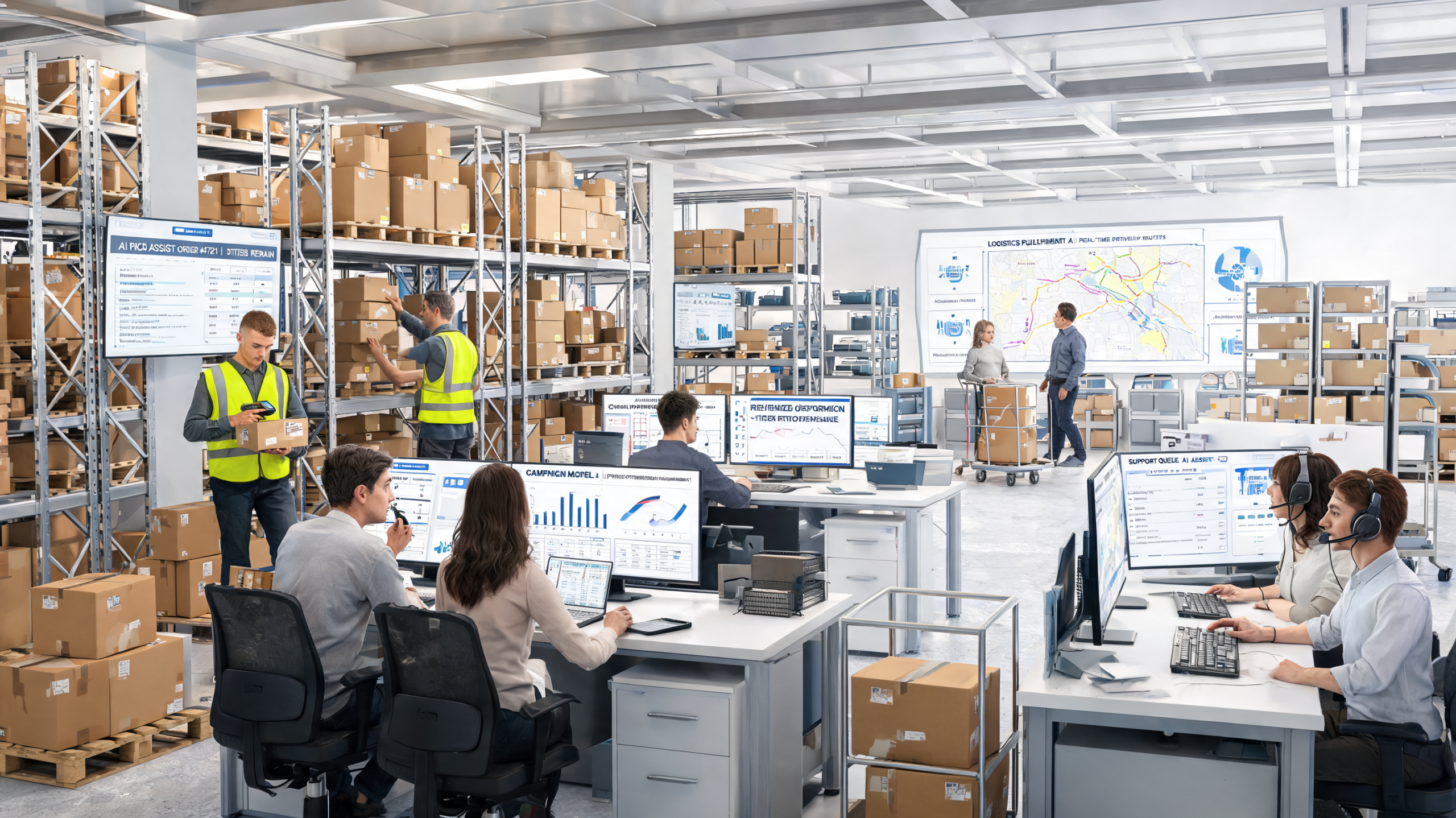 Enterprise team using marketing automation and social media marketing insights alongside warehouse operations to drive revenue growth