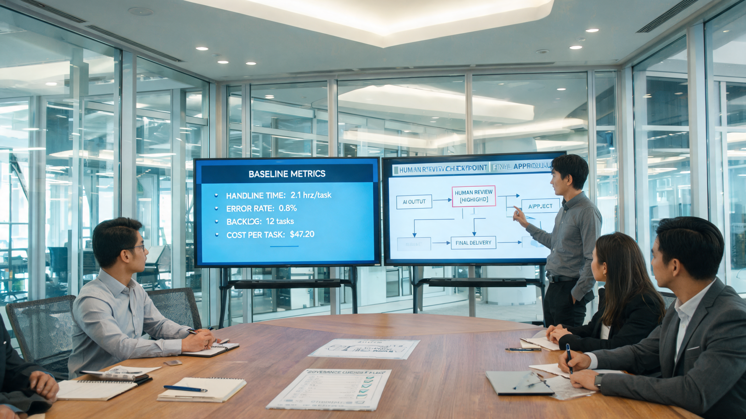 Pilot team reviewing AI rollout metrics and approvals in a modern office, supporting content strategy and social media marketing planning