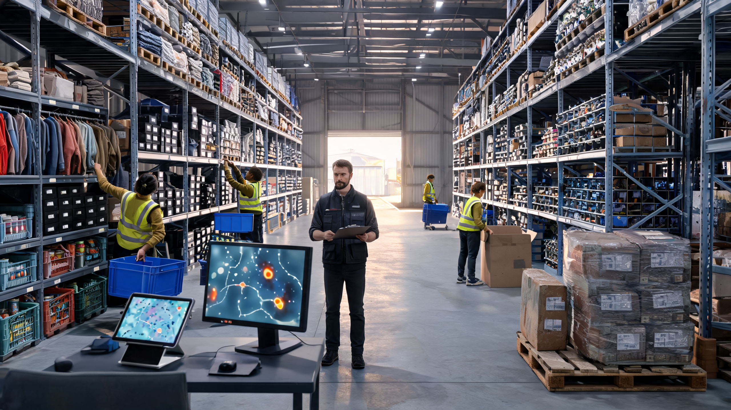 Warehouse team using AI inventory tools to improve fulfillment efficiency while supporting digital marketing automation demand.